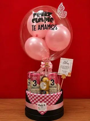 Extra Pink: Caja de lujo con cinco cervezas Cordillera, Ferrero y globo burbuja personalizado — regalo a domicilio en Bogotá